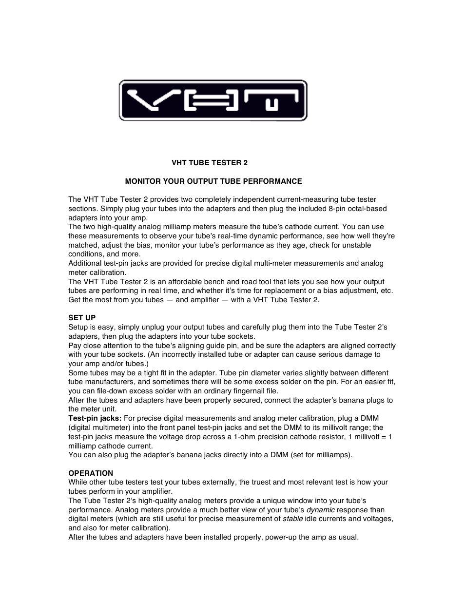 VHT Tube Tester 2 User Manual | 4 pages
