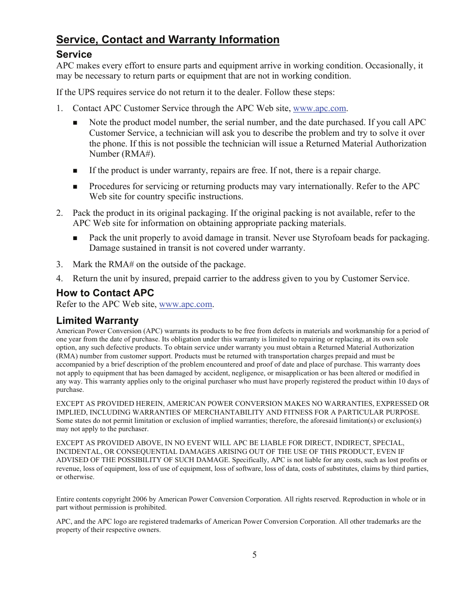 Service, contact and warranty information | American Power Conversion CTEG4-240MB-5 User Manual | Page 7 / 7