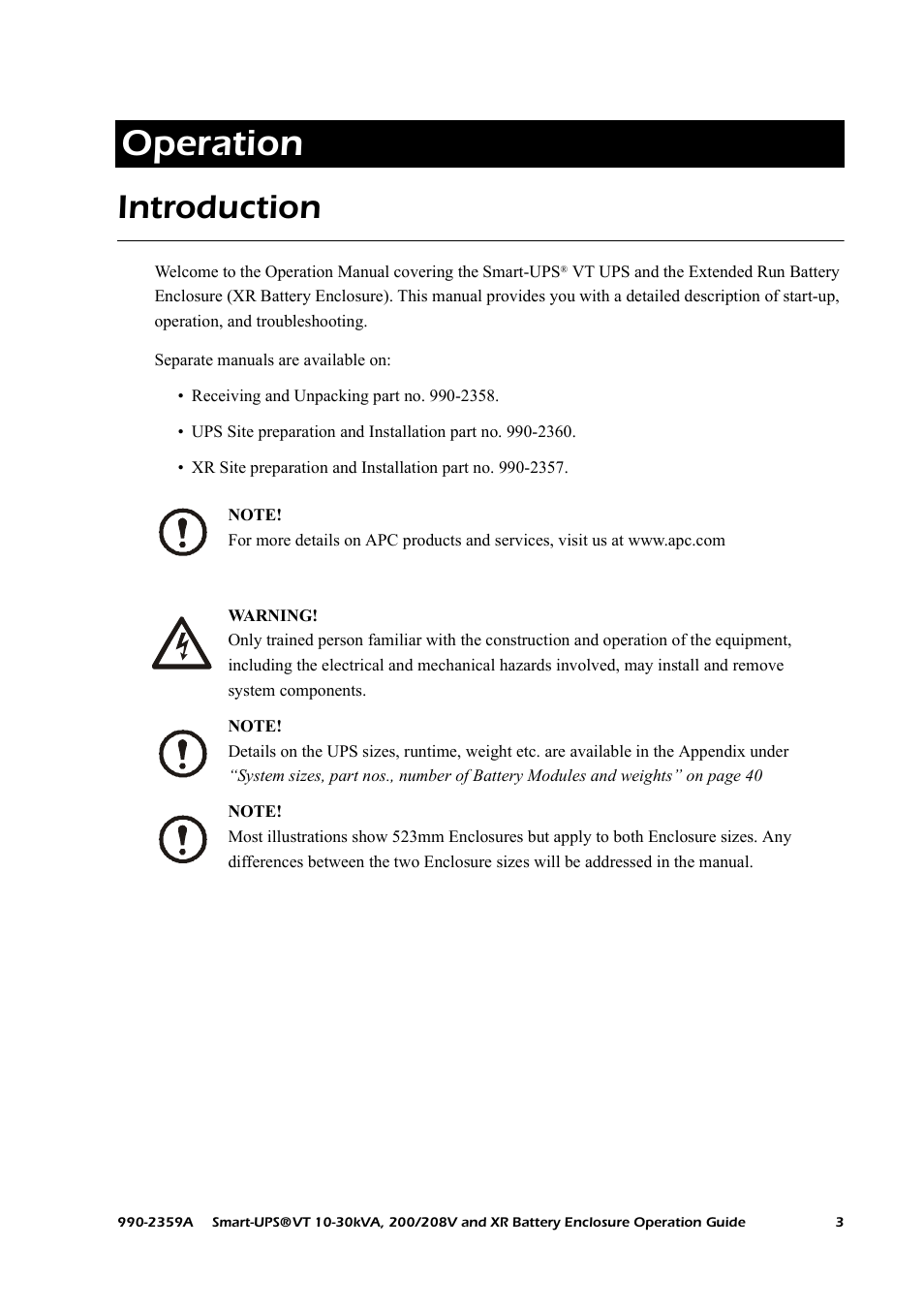 Operation, Introduction | American Power Conversion 200/208 V User Manual | Page 11 / 52