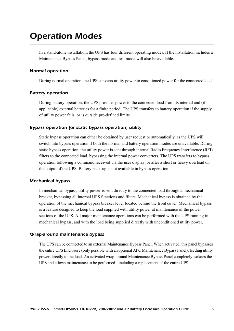 Operation modes, Normal operation, Battery operation | Mechanical bypass, Wrap-around maintenance bypass | American Power Conversion 200/208 V User Manual | Page 13 / 52