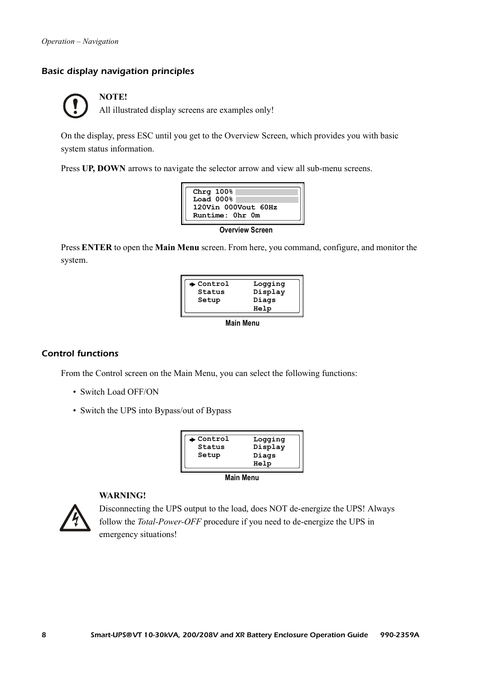 Basic display navigation principles, Control functions | American Power Conversion 200/208 V User Manual | Page 16 / 52