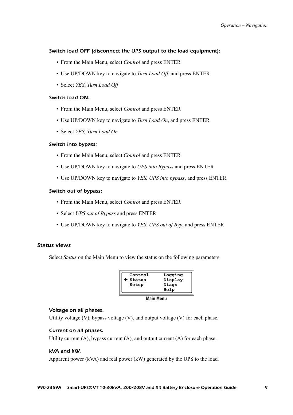 Status views | American Power Conversion 200/208 V User Manual | Page 17 / 52