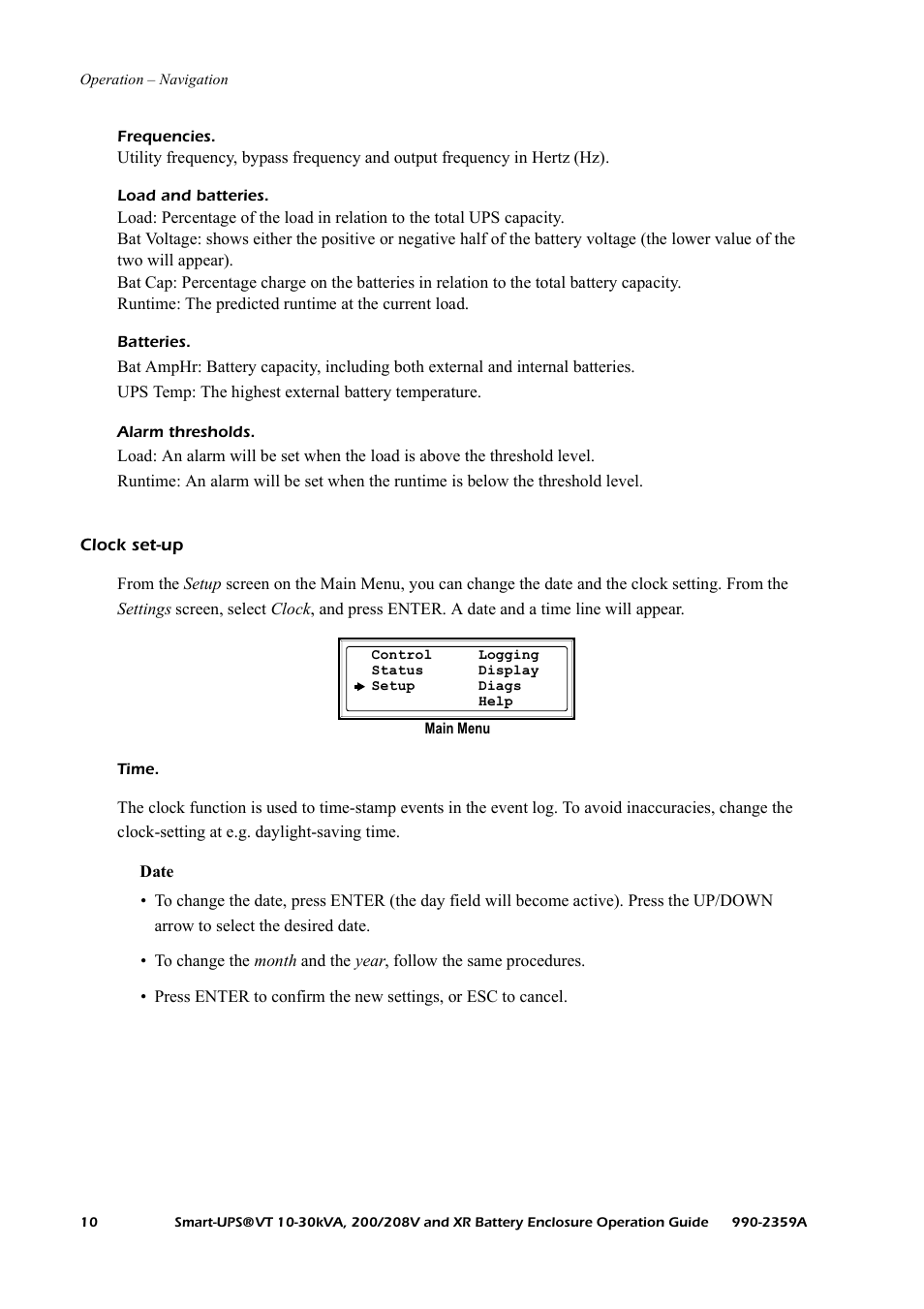 Clock set-up | American Power Conversion 200/208 V User Manual | Page 18 / 52