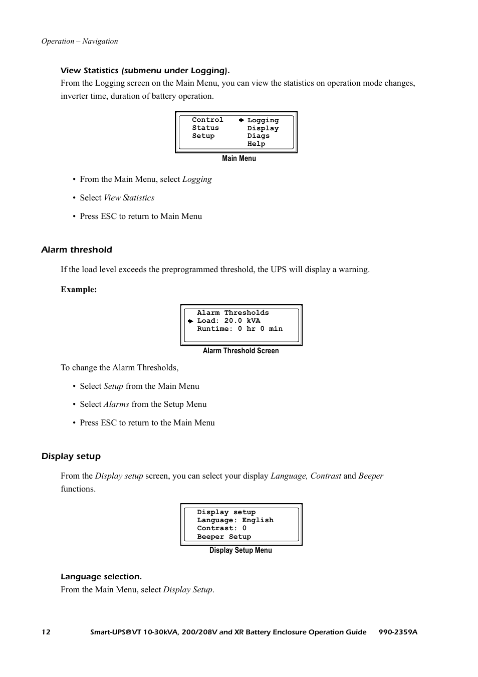 Alarm threshold, Display setup | American Power Conversion 200/208 V User Manual | Page 20 / 52