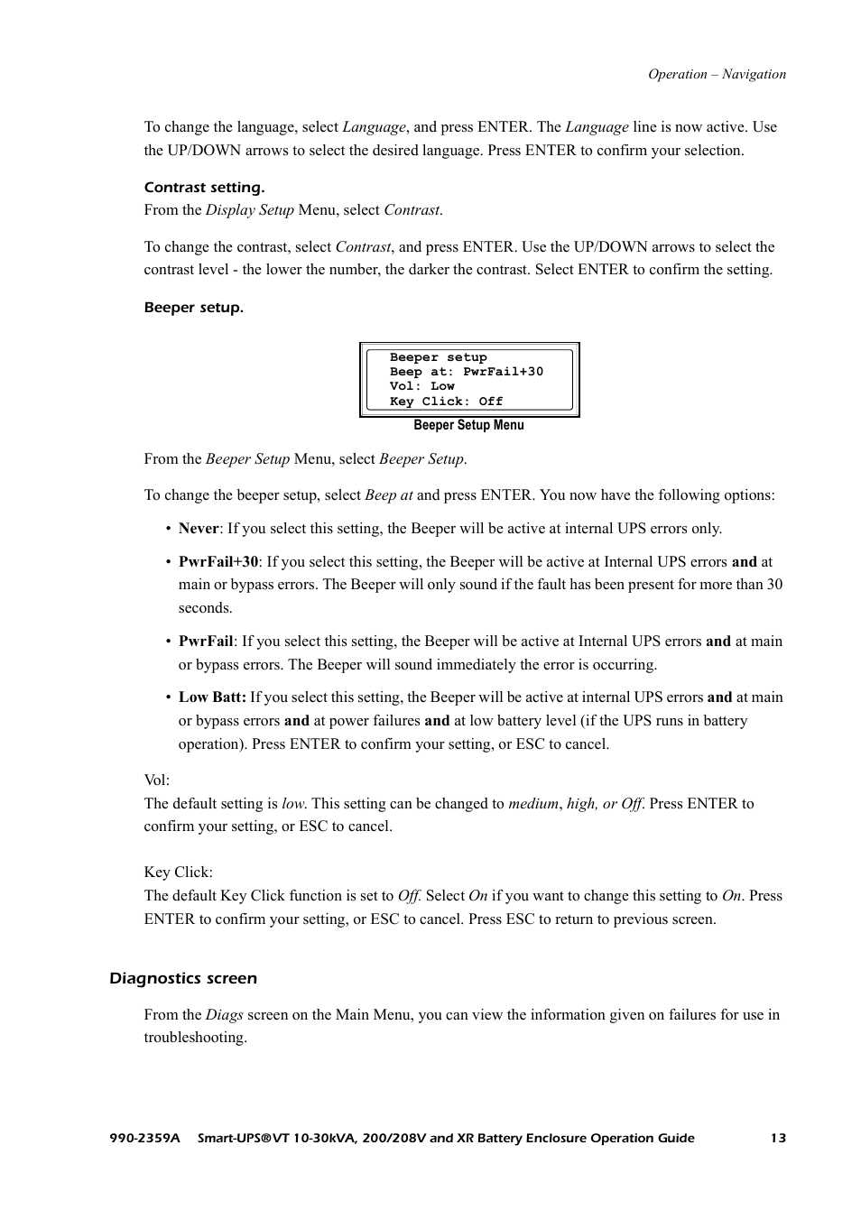 Diagnostics screen | American Power Conversion 200/208 V User Manual | Page 21 / 52