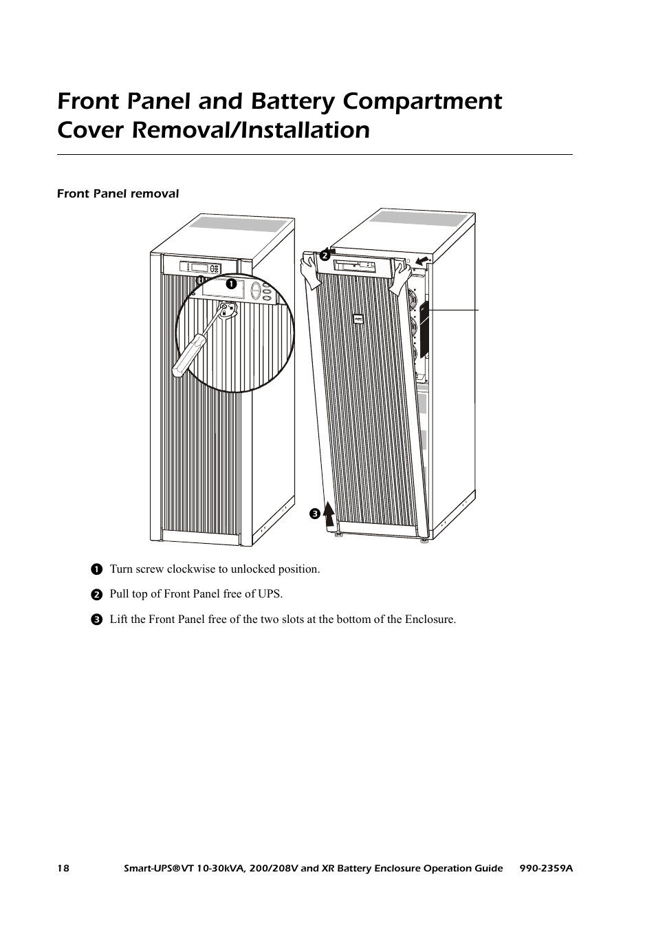 Front panel removal | American Power Conversion 200/208 V User Manual | Page 26 / 52