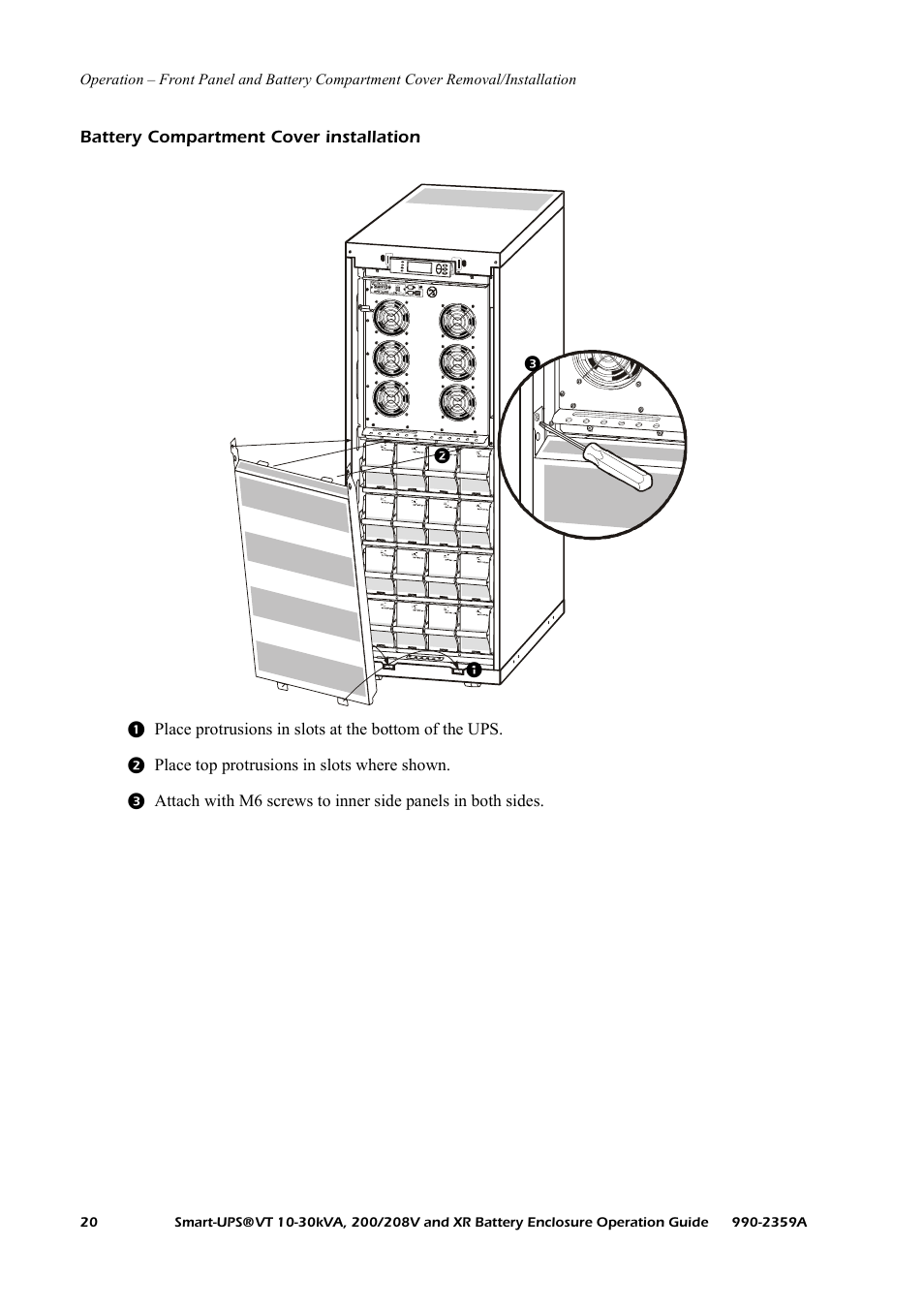 Battery compartment cover installation | American Power Conversion 200/208 V User Manual | Page 28 / 52