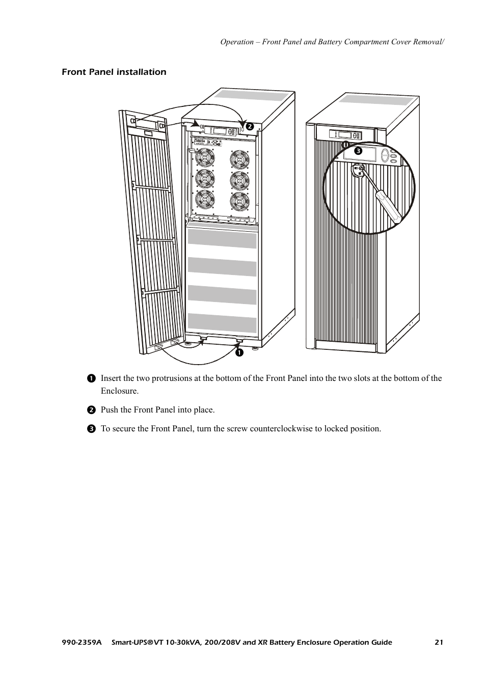 Front panel installation | American Power Conversion 200/208 V User Manual | Page 29 / 52