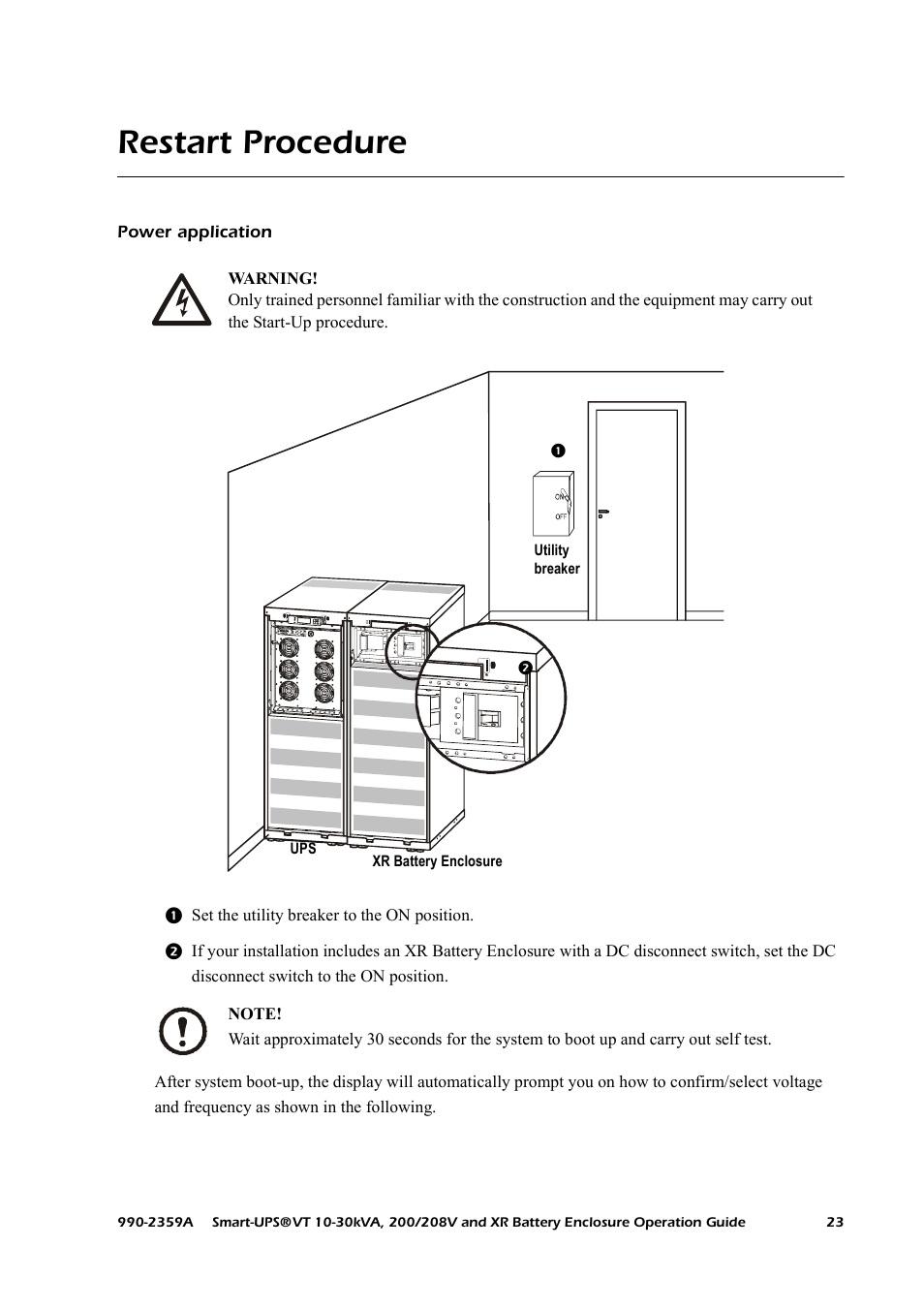 Restart procedure, Power application | American Power Conversion 200/208 V User Manual | Page 31 / 52