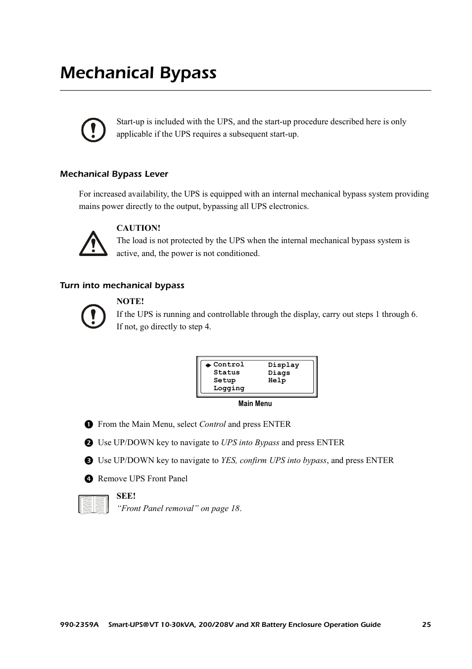 Mechanical bypass, Mechanical bypass lever, Turn into mechanical bypass | American Power Conversion 200/208 V User Manual | Page 33 / 52