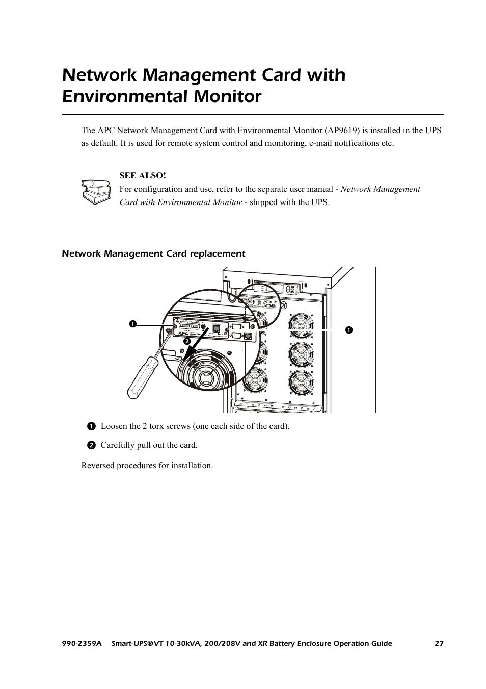 Network management card with environmental monitor, Network management card replacement | American Power Conversion 200/208 V User Manual | Page 35 / 52