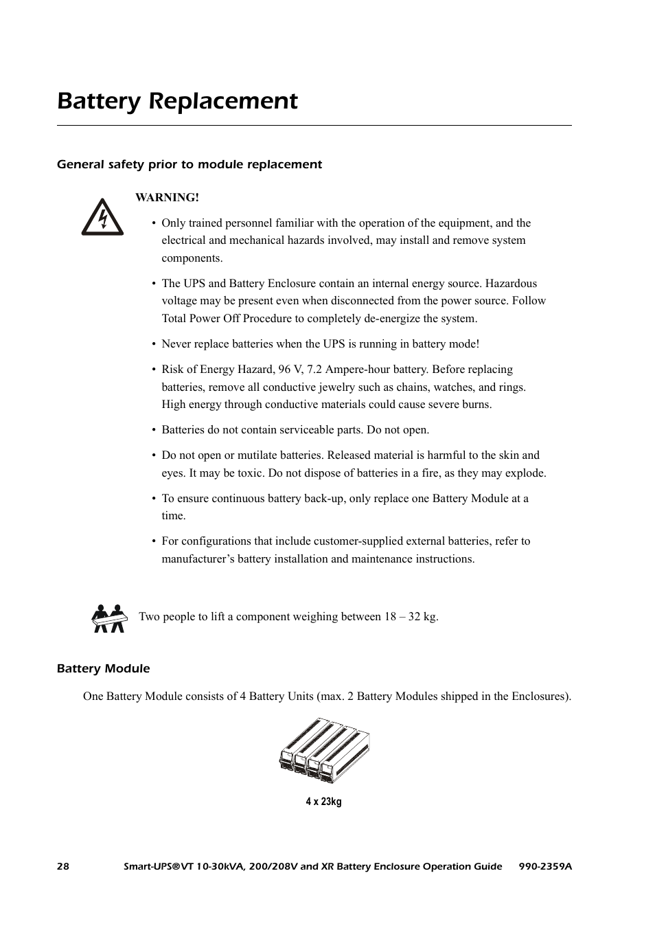 Battery replacement, General safety prior to module replacement, Battery module | American Power Conversion 200/208 V User Manual | Page 36 / 52