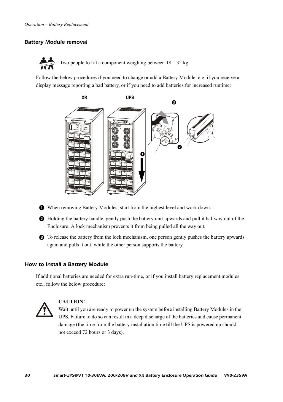 Battery module removal, How to install a battery module | American Power Conversion 200/208 V User Manual | Page 38 / 52