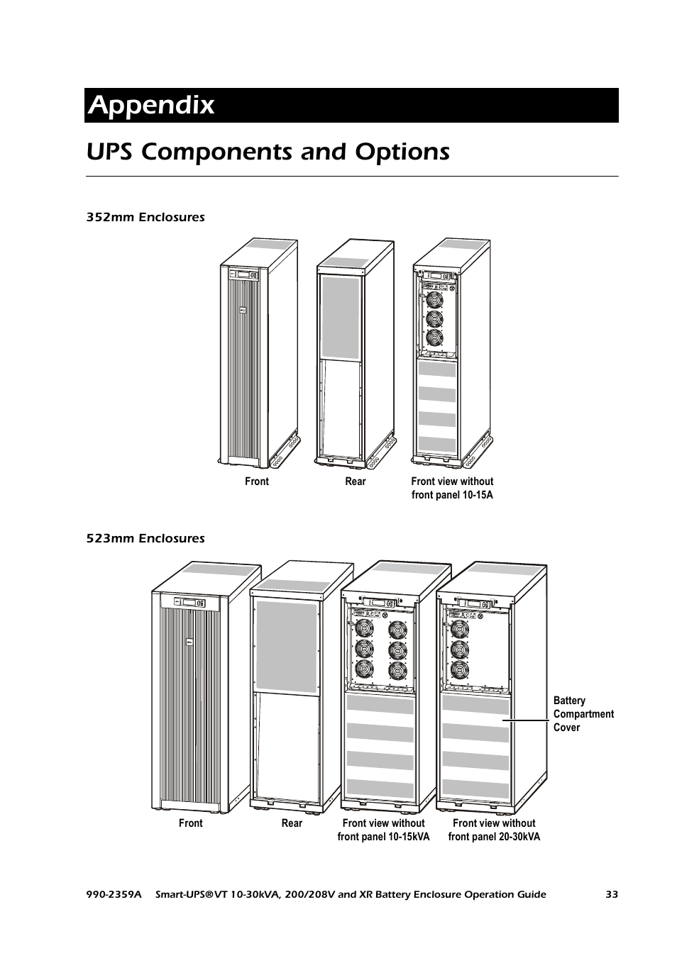 Appendix, Ups components and options, 352mm enclosures | 523mm enclosures | American Power Conversion 200/208 V User Manual | Page 41 / 52