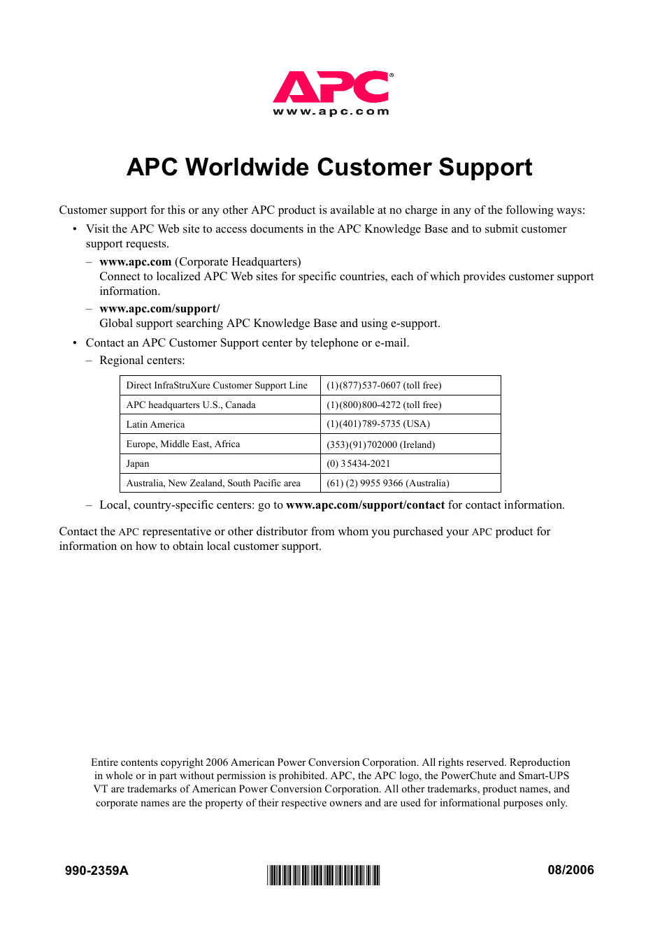 2359a, Apc worldwide customer support | American Power Conversion 200/208 V User Manual | Page 52 / 52