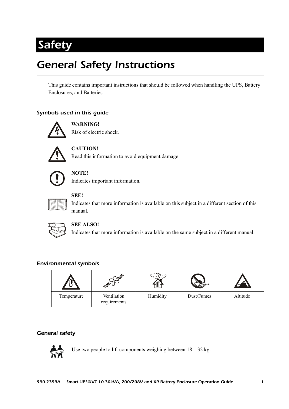 Safety, General safety instructions, Symbols used in this guide | Environmental symbols, General safety | American Power Conversion 200/208 V User Manual | Page 9 / 52