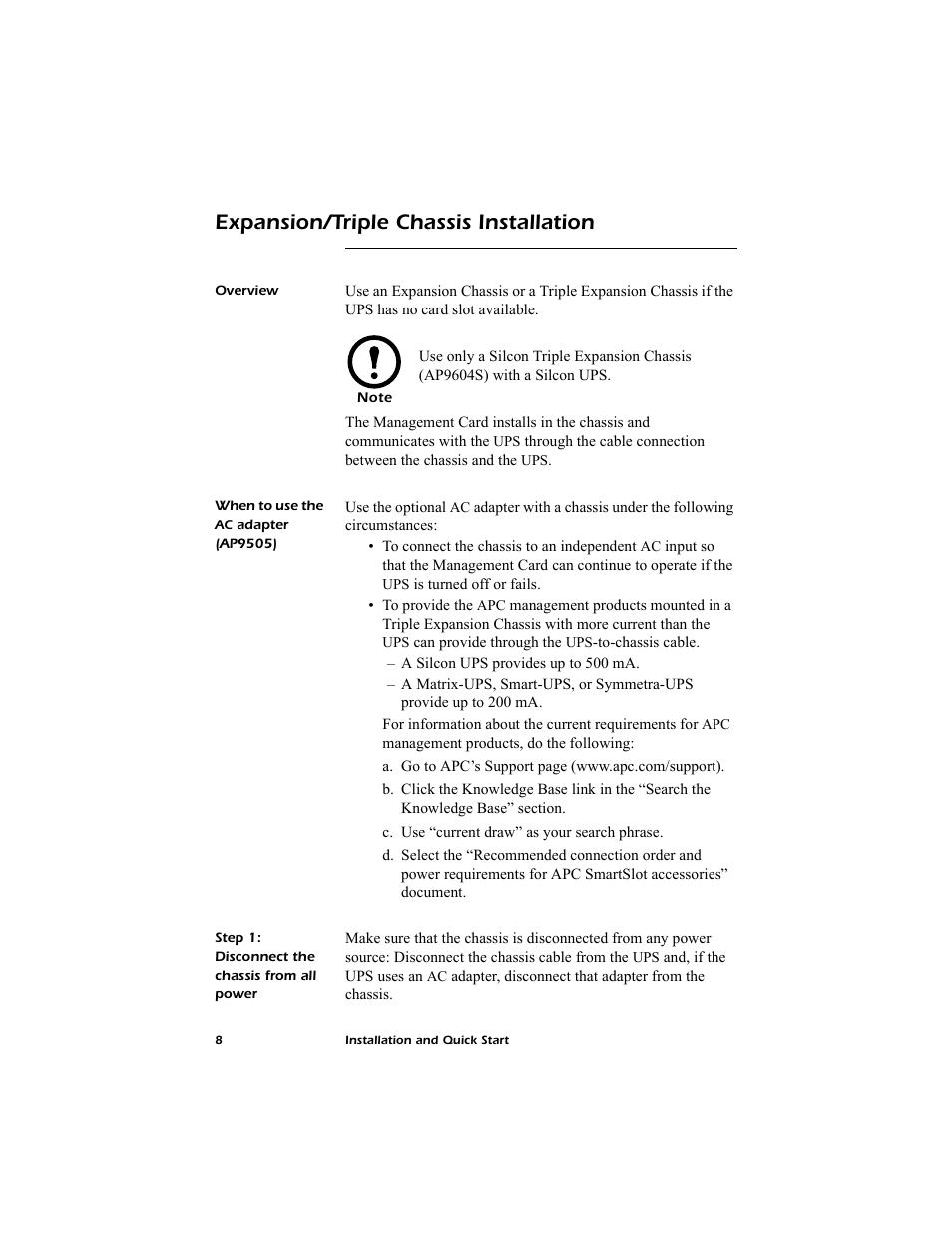 Expansion/triple chassis installation, Overview, When to use the ac adapter (ap9505) | Step 1: disconnect the chassis from all power | American Power Conversion AP9619 User Manual | Page 12 / 26