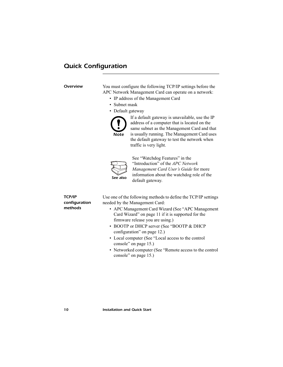 Quick configuration, Overview, Tcp/ip configuration methods | American Power Conversion AP9619 User Manual | Page 14 / 26