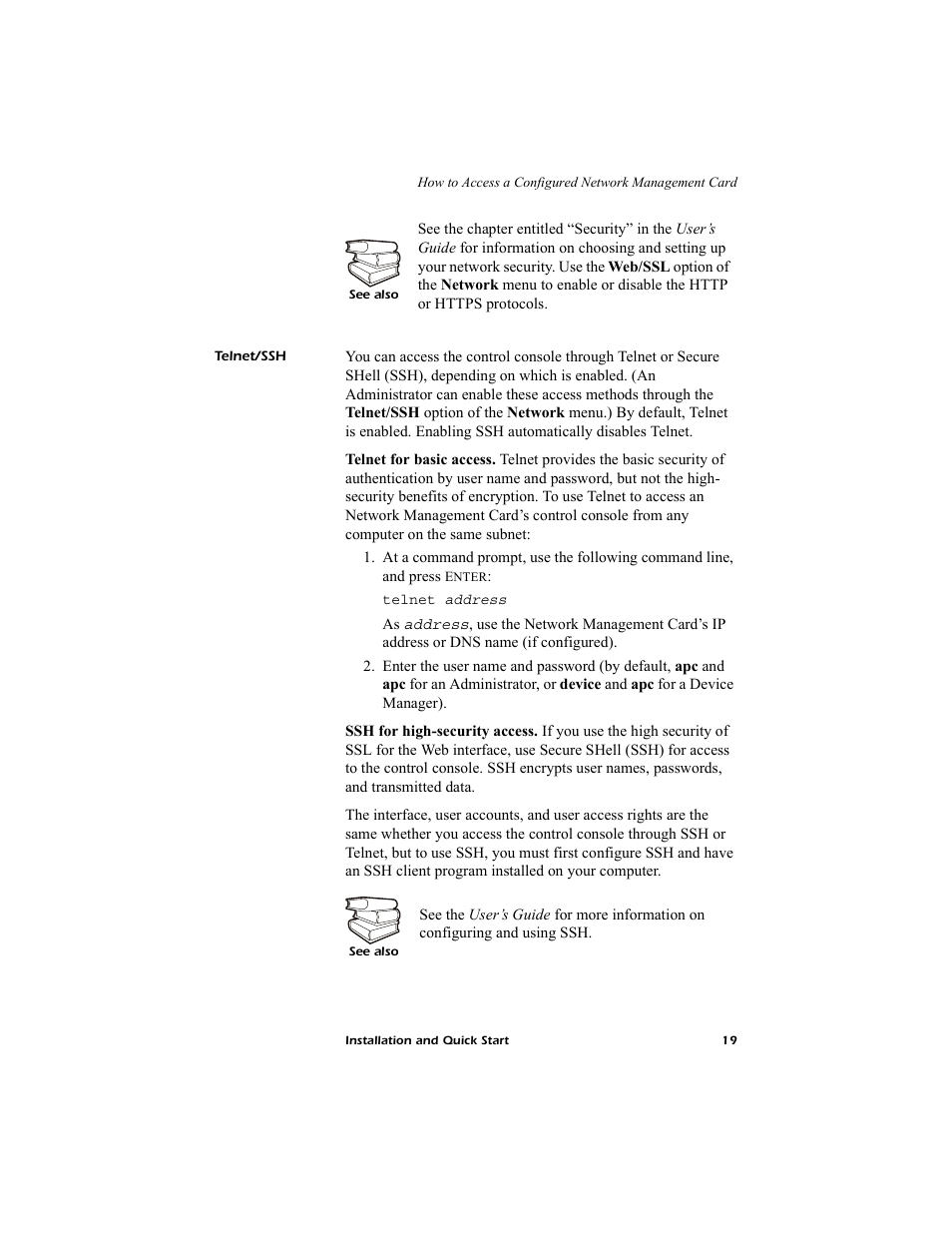 Telnet/ssh | American Power Conversion AP9619 User Manual | Page 23 / 26