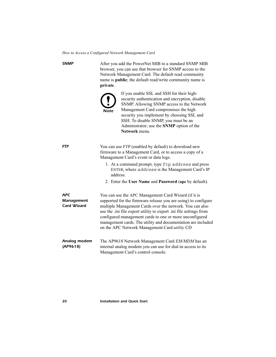 Snmp, Apc management card wizard, Analog modem (ap9618) | American Power Conversion AP9619 User Manual | Page 24 / 26