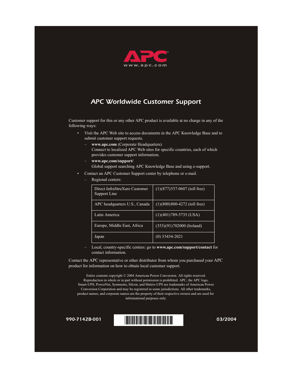 Apc worldwide customer support, 7142b | American Power Conversion AP9619 User Manual | Page 26 / 26