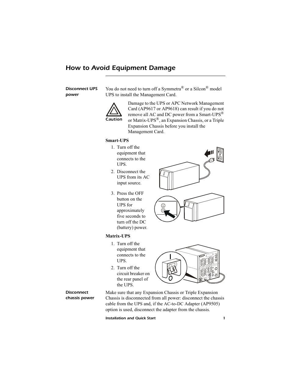 How to avoid equipment damage, Disconnect ups power, Disconnect chassis power | American Power Conversion AP9619 User Manual | Page 5 / 26