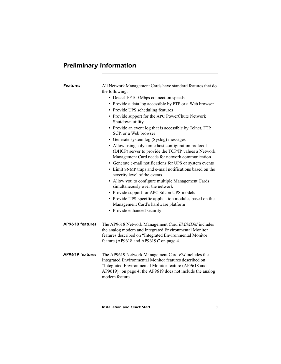 Preliminary information, Features, Ap9618 features | Ap9619 features | American Power Conversion AP9619 User Manual | Page 7 / 26