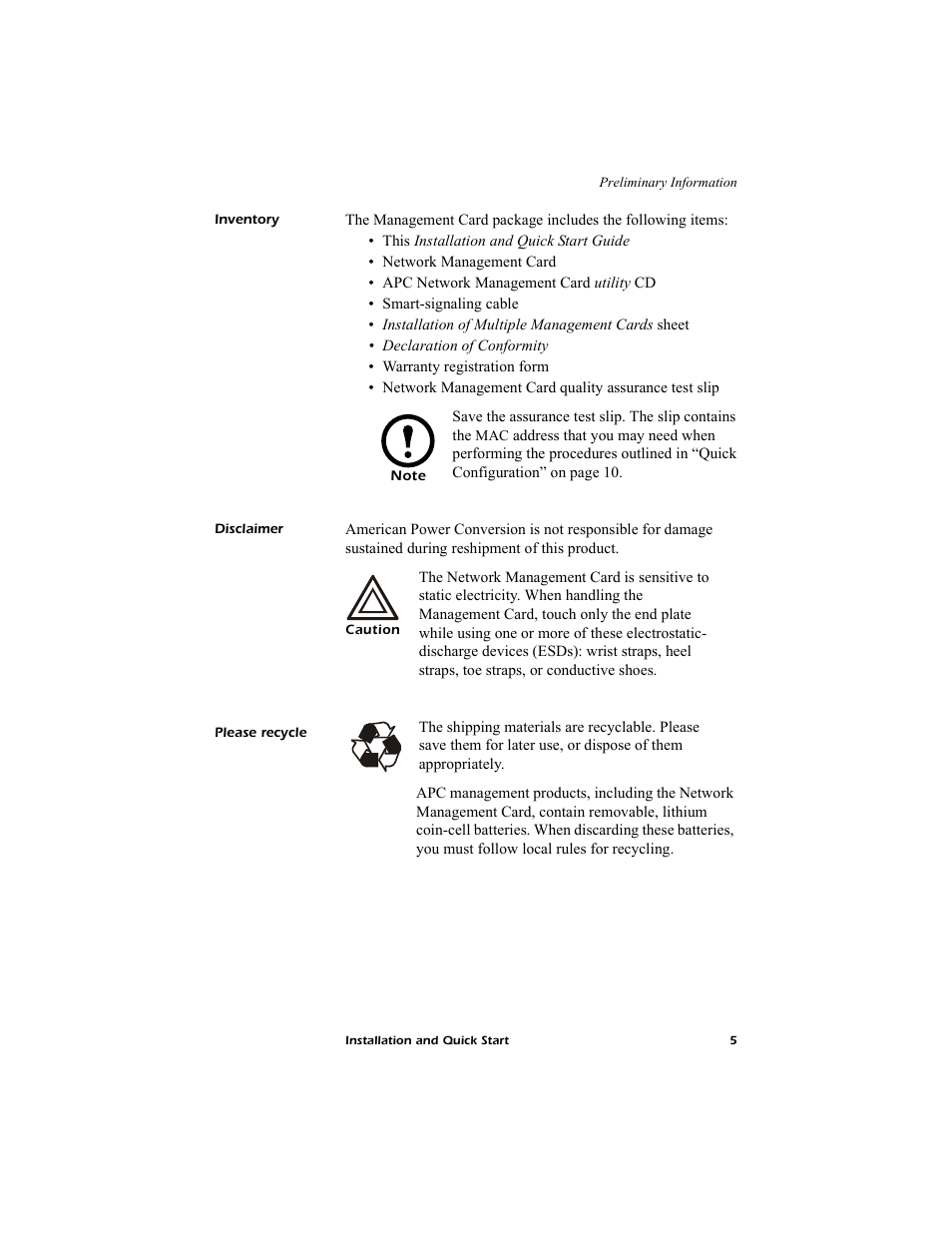 Inventory, Disclaimer | American Power Conversion AP9619 User Manual | Page 9 / 26