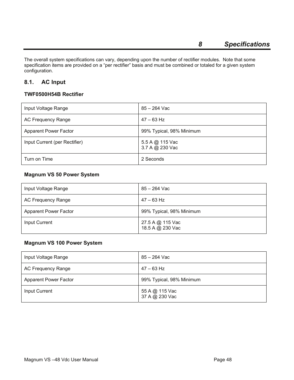8 specifications | American Power Conversion VS 50 User Manual | Page 48 / 54