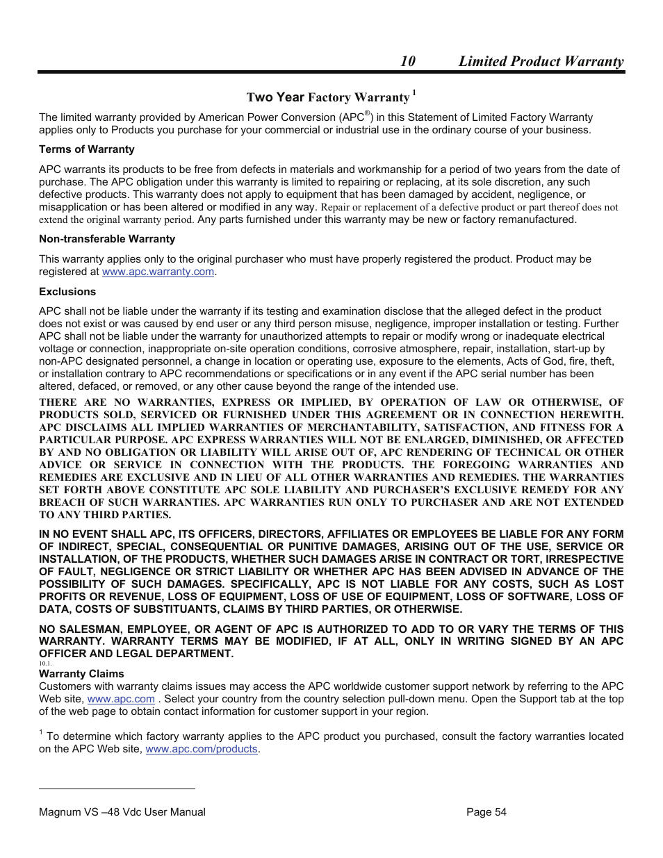 10 limited product warranty, Two year factory warranty | American Power Conversion VS 50 User Manual | Page 54 / 54