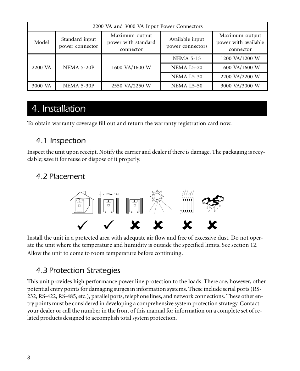 Installation, 1 inspection, 2 placement | 3 protection strategies | American Power Conversion SMARTUPS 450 User Manual | Page 12 / 60