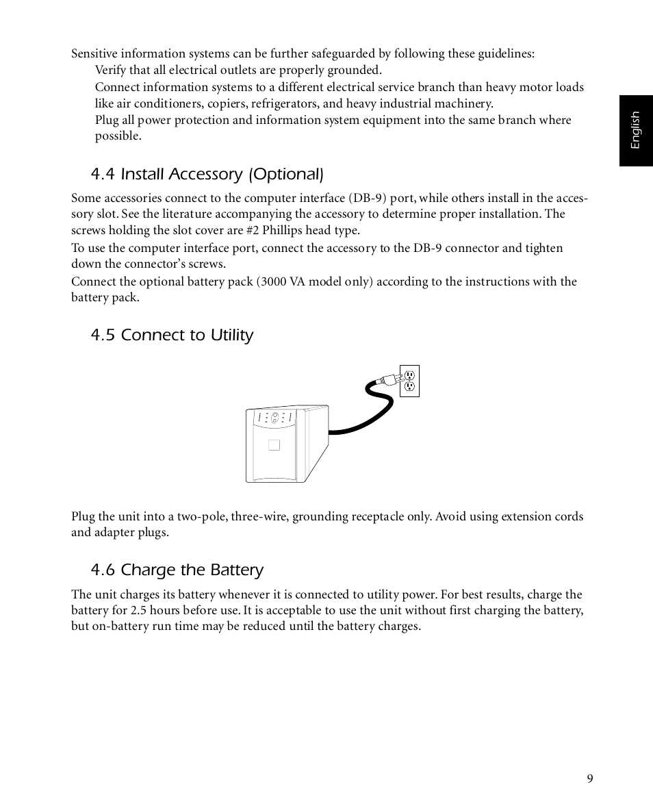 4 install accessory (optional), 5 connect to utility, 6 charge the battery | American Power Conversion SMARTUPS 450 User Manual | Page 13 / 60