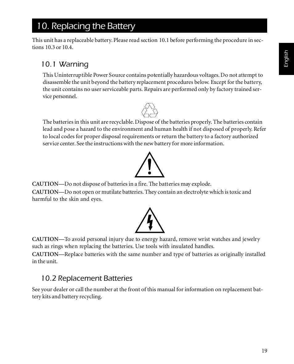 Replacing the battery, 1 warning, 2 replacement batteries | American Power Conversion SMARTUPS 450 User Manual | Page 23 / 60