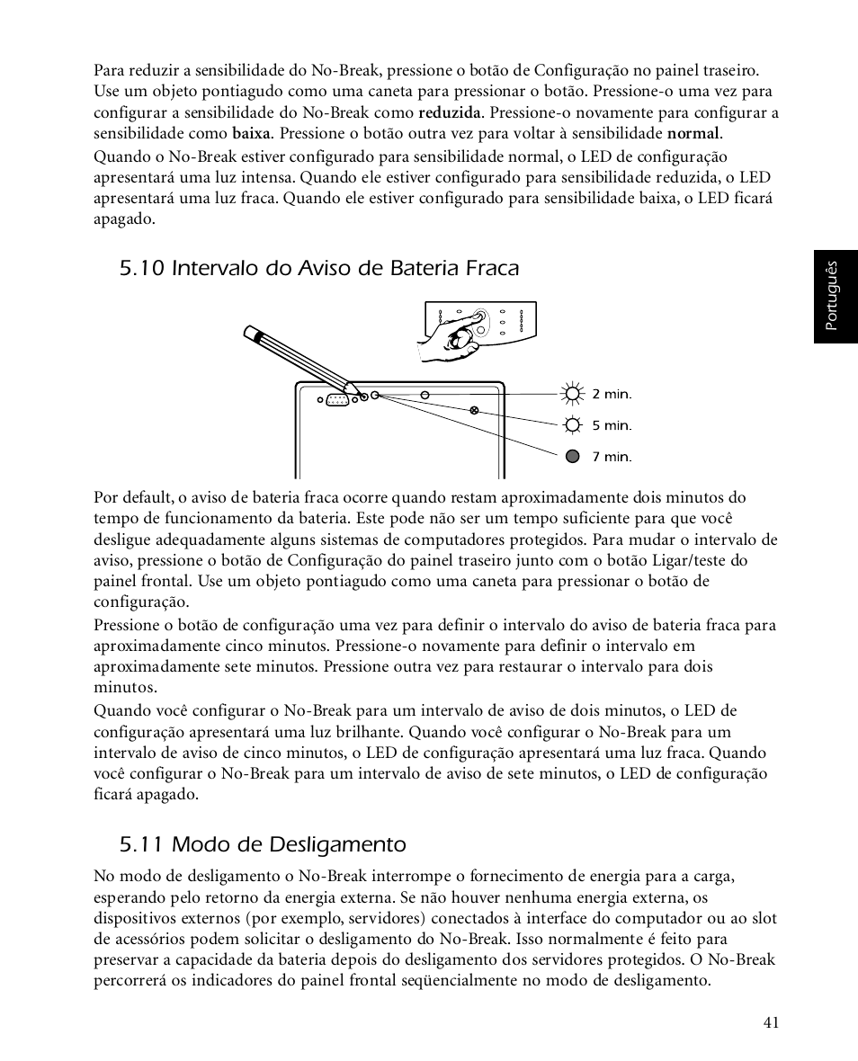 10 intervalo do aviso de bateria fraca, 11 modo de desligamento | American Power Conversion SMARTUPS 450 User Manual | Page 45 / 60