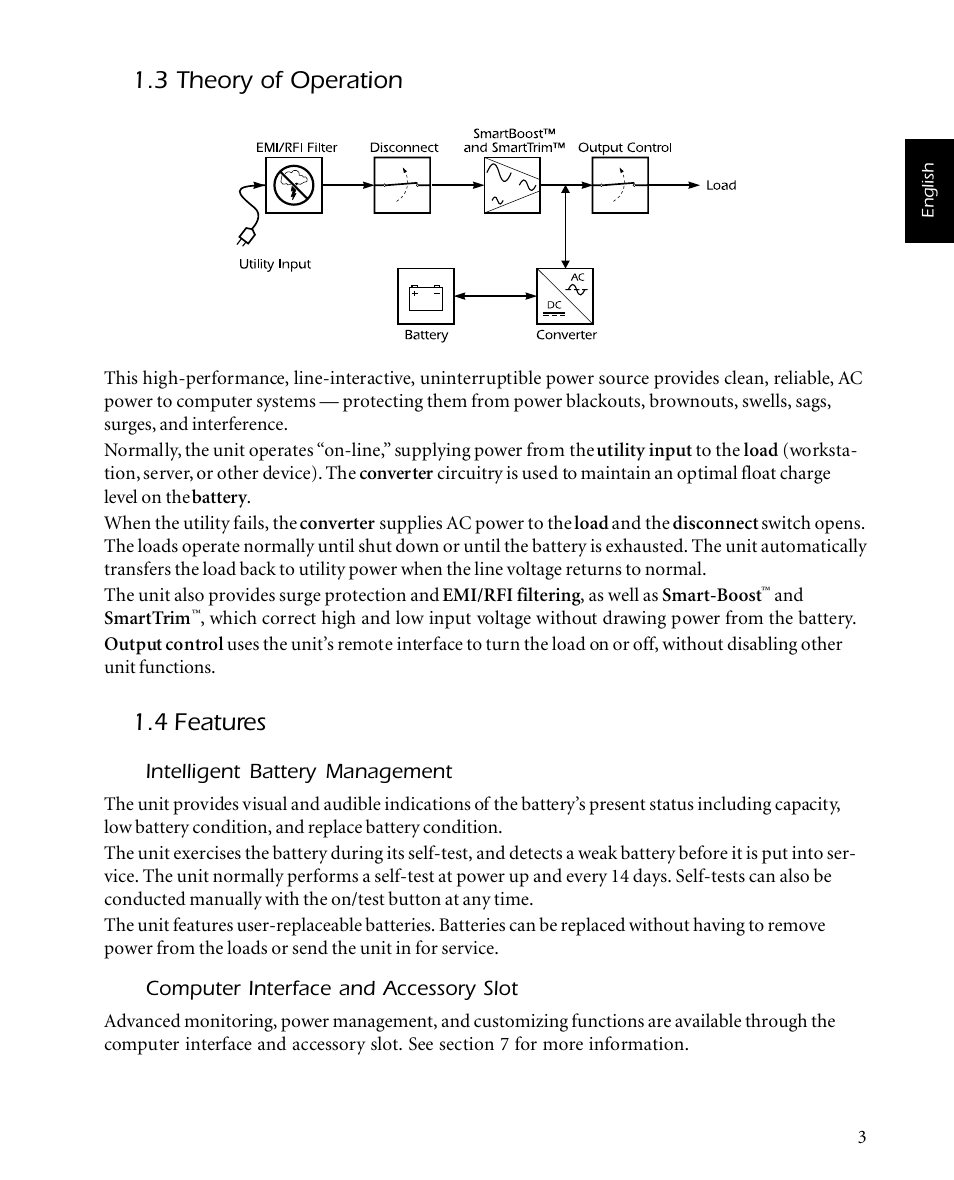 3 theory of operation, 4 features | American Power Conversion SMARTUPS 450 User Manual | Page 7 / 60