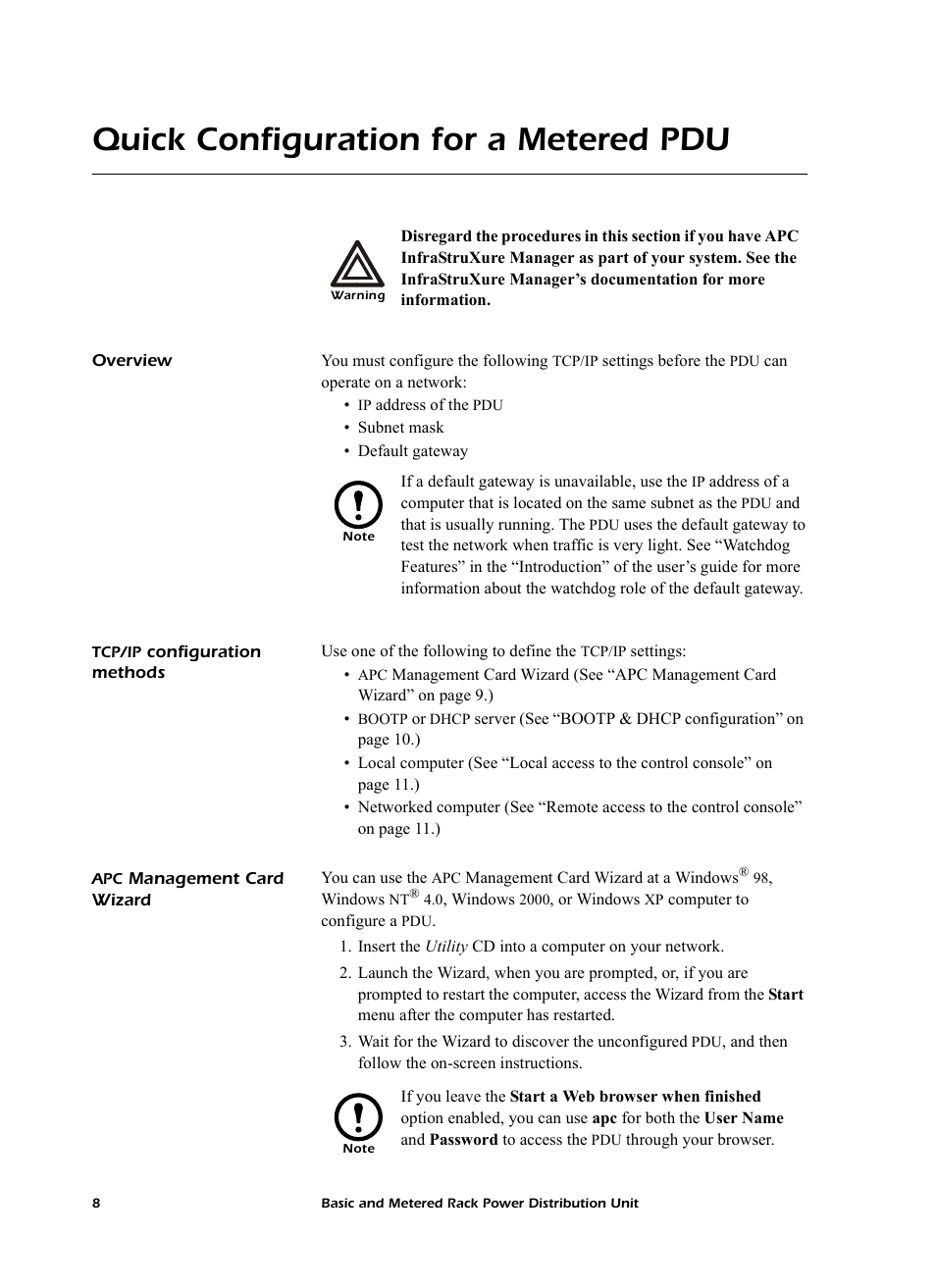 Quick configuration for a metered pdu, Overview, Tcp/ip configuration methods | Apc management card wizard, Apc man | American Power Conversion AP7862J User Manual | Page 12 / 24