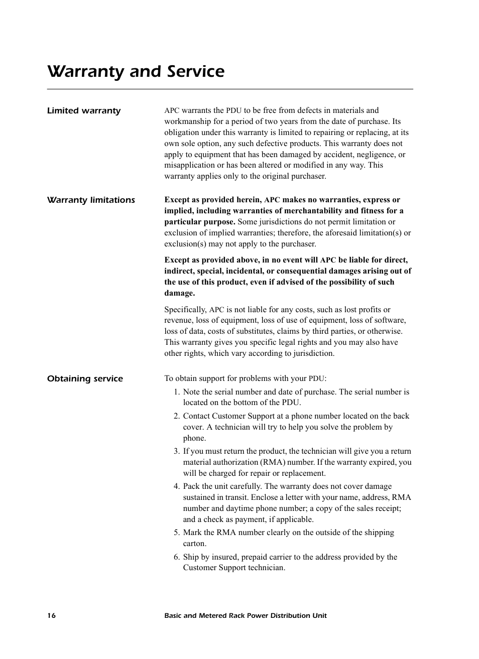 Warranty and service, Limited warranty, Warranty limitations | Obtaining service | American Power Conversion AP7862J User Manual | Page 20 / 24