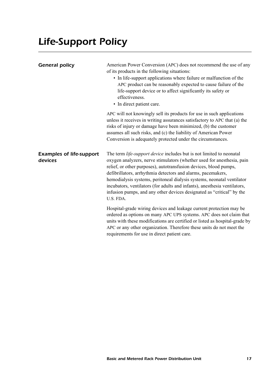 Life-support policy, General policy, Examples of life-support devices | American Power Conversion AP7862J User Manual | Page 21 / 24