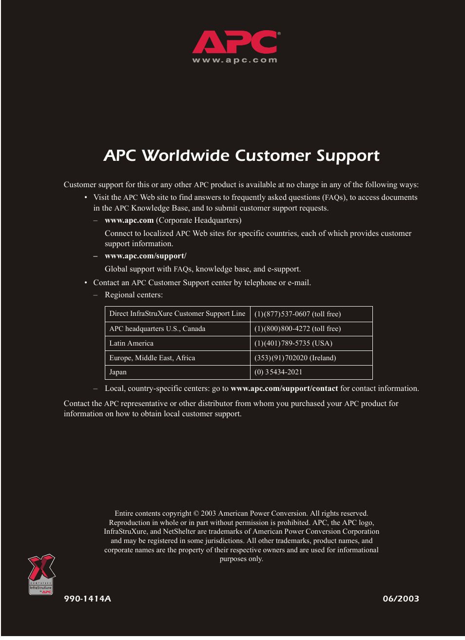 Apc worldwide customer support | American Power Conversion AP7862J User Manual | Page 24 / 24