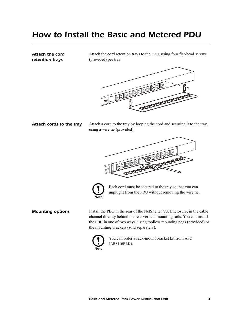How to install the basic and metered pdu, Attach the cord retention trays, Attach cords to the tray | Mounting options | American Power Conversion AP7862J User Manual | Page 7 / 24