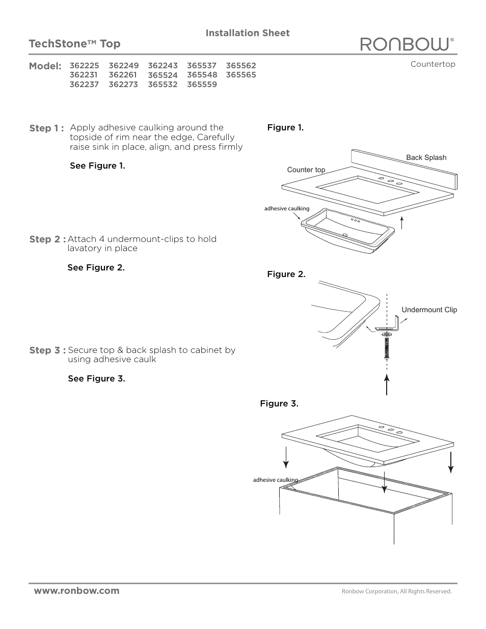 Ronbow TechSton Top Undercounter (Non-Standard) User Manual | 1 page