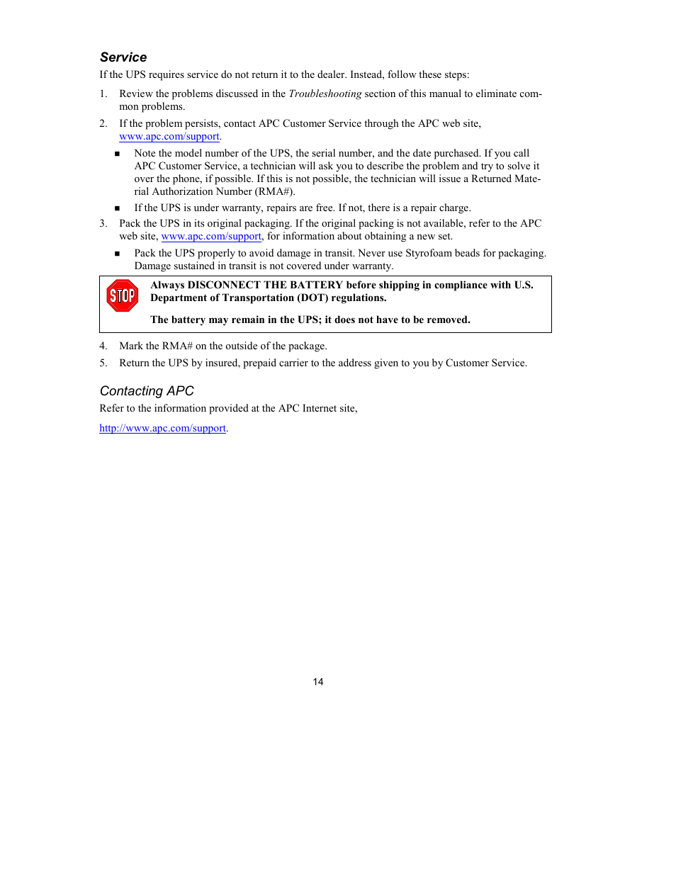 Service, Contacting apc | American Power Conversion 750VA User Manual | Page 16 / 18