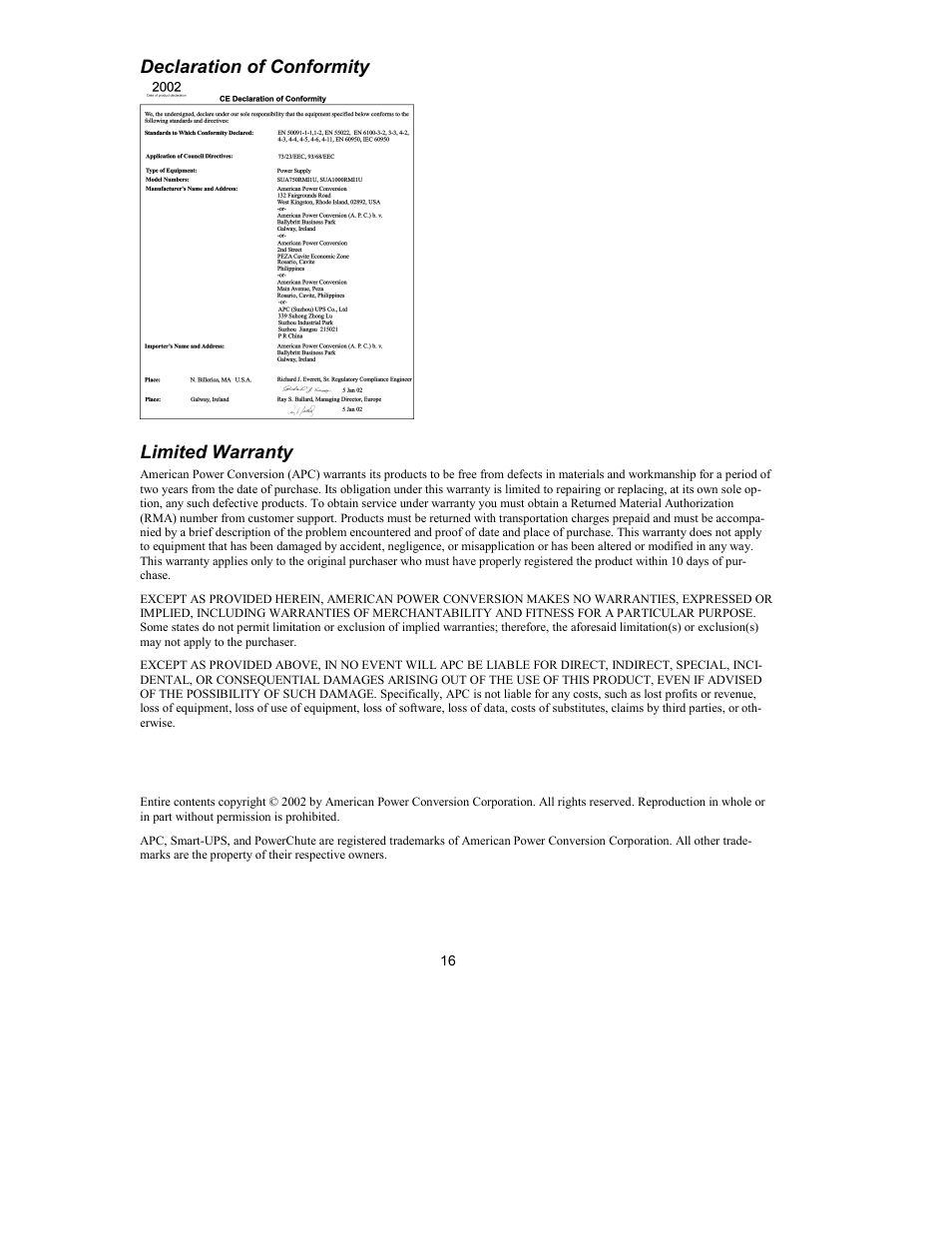 Declaration of conformity, Limited warranty | American Power Conversion 750VA User Manual | Page 18 / 18