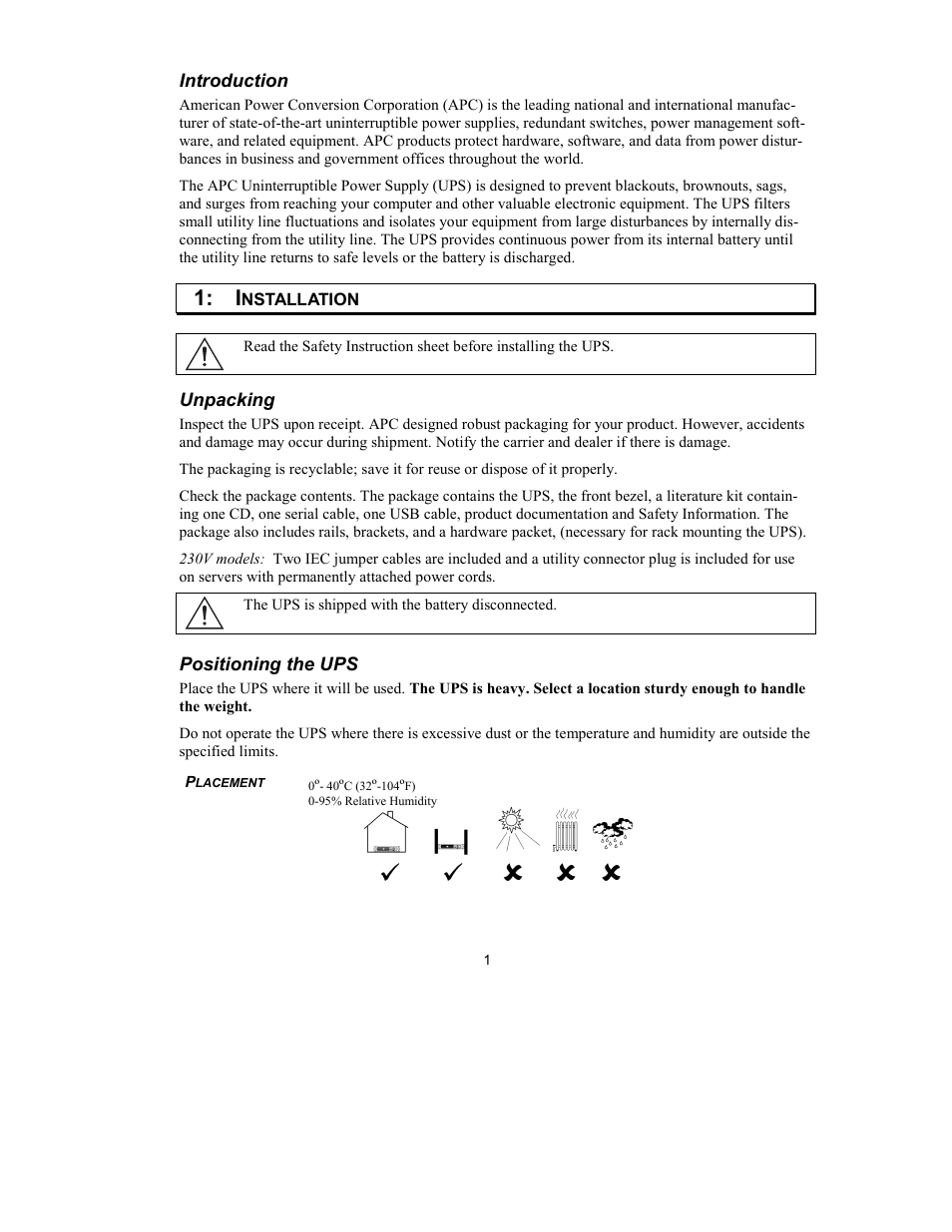 Introduction, Unpacking, Positioning the ups | American Power Conversion 750VA User Manual | Page 3 / 18