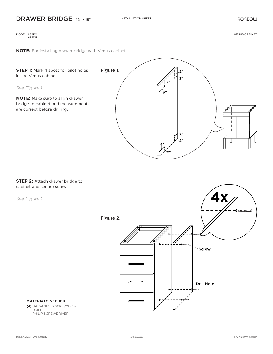 Ronbow Drawer Bridge (632112-15) User Manual | 1 page