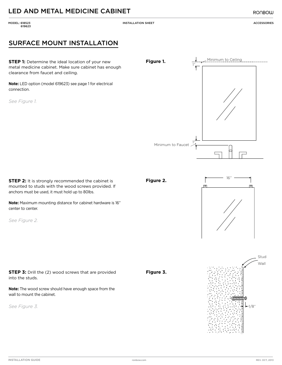 Led and metal medicine cabinet, Surface mount installation | Ronbow 619623 User Manual | Page 2 / 3