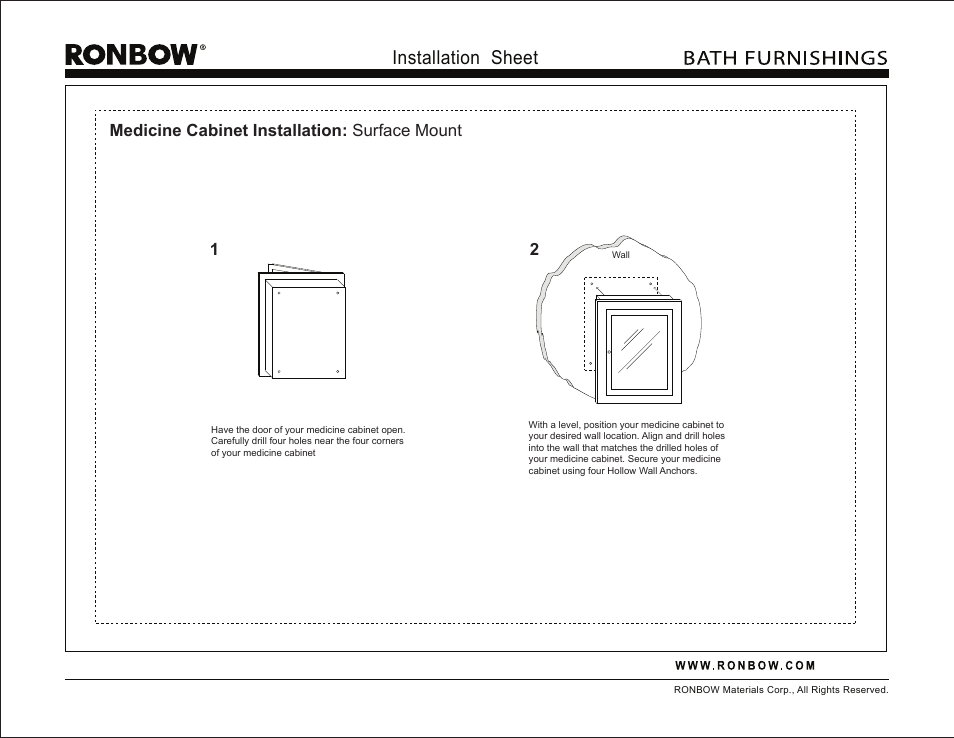 Installation sheet - medicine cabinet 2, Installation sheet, 2medicine cabinet installation: surface mount 1 | Ronbow 616025 User Manual | Page 2 / 2