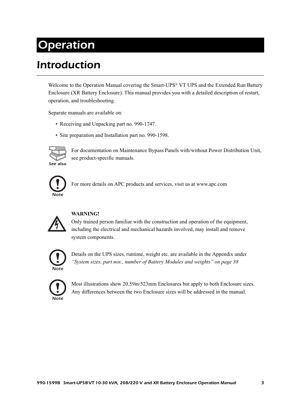 Operation, Introduction | American Power Conversion XR User Manual | Page 11 / 56