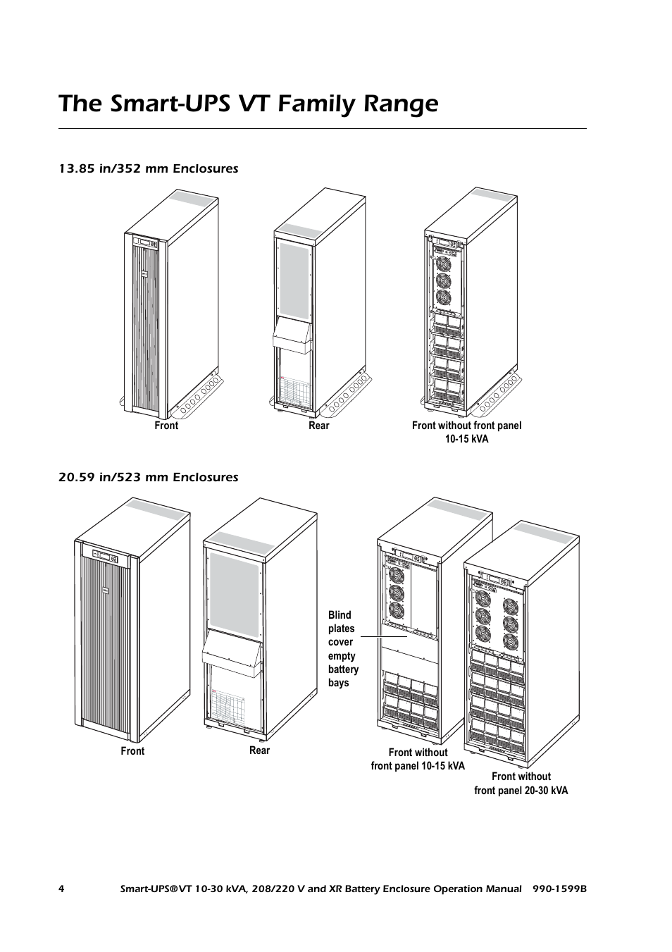 The smart-ups vt family range, 85 in/352 mm enclosures, 59 in/523 mm enclosures | American Power Conversion XR User Manual | Page 12 / 56