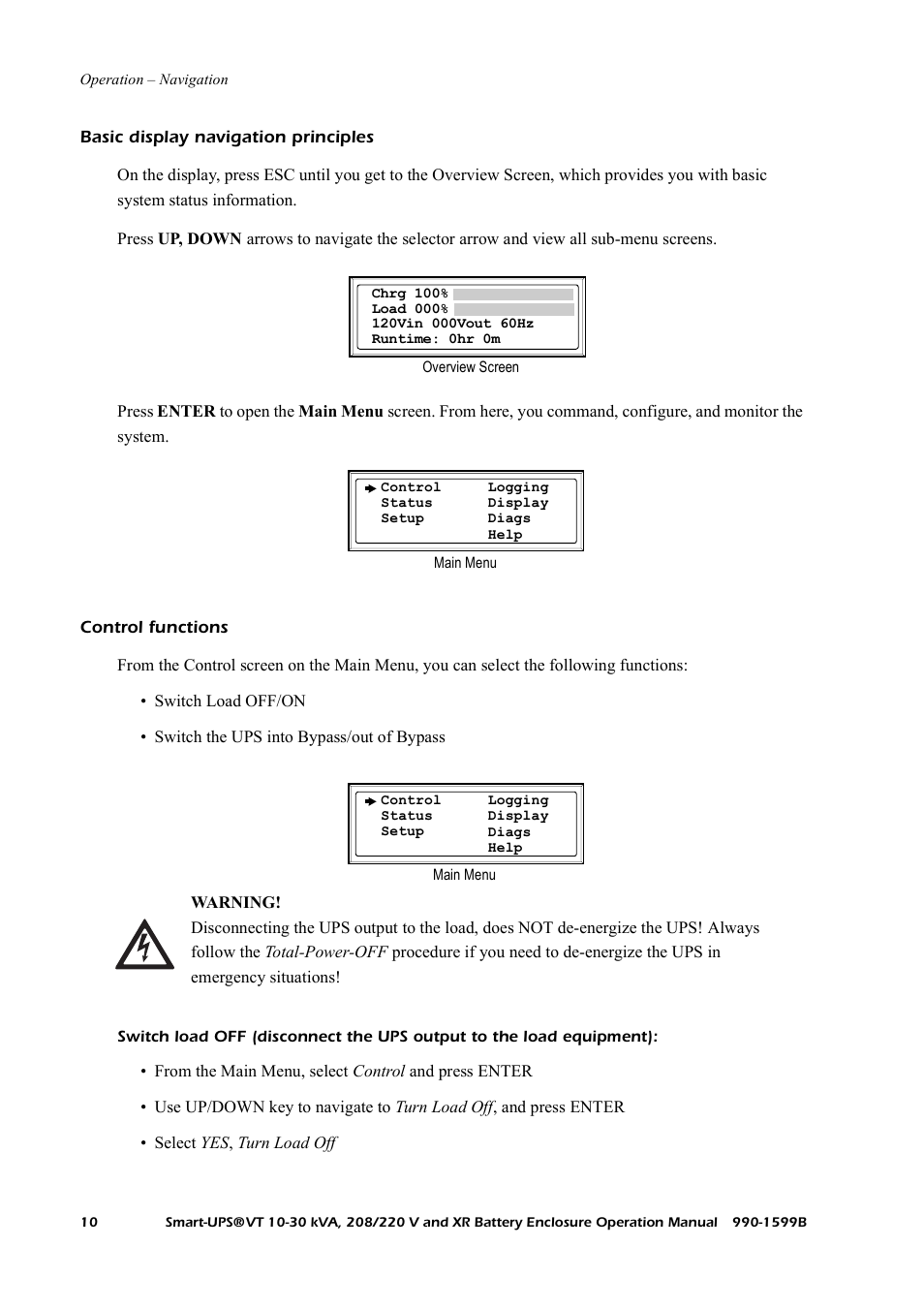 Basic display navigation principles, Control functions | American Power Conversion XR User Manual | Page 18 / 56